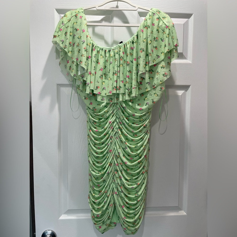 AFRM Green Ruched Off-Shoulder Mini Dress
